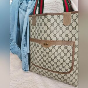 Authentic GUCCI GG Supreme Vintage Sherry Line Shoulder Bag Handbag Laptop Tote